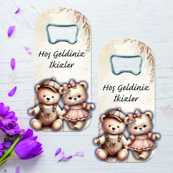 ikiz bebek ayıcık Temalı Ahşap Kabartmalı Açacak Magnet