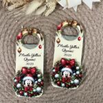 Mickey Mouse Yılbaşı - Yeniyıl Konsept Ahşap Kabartmalı Açacak Magnet